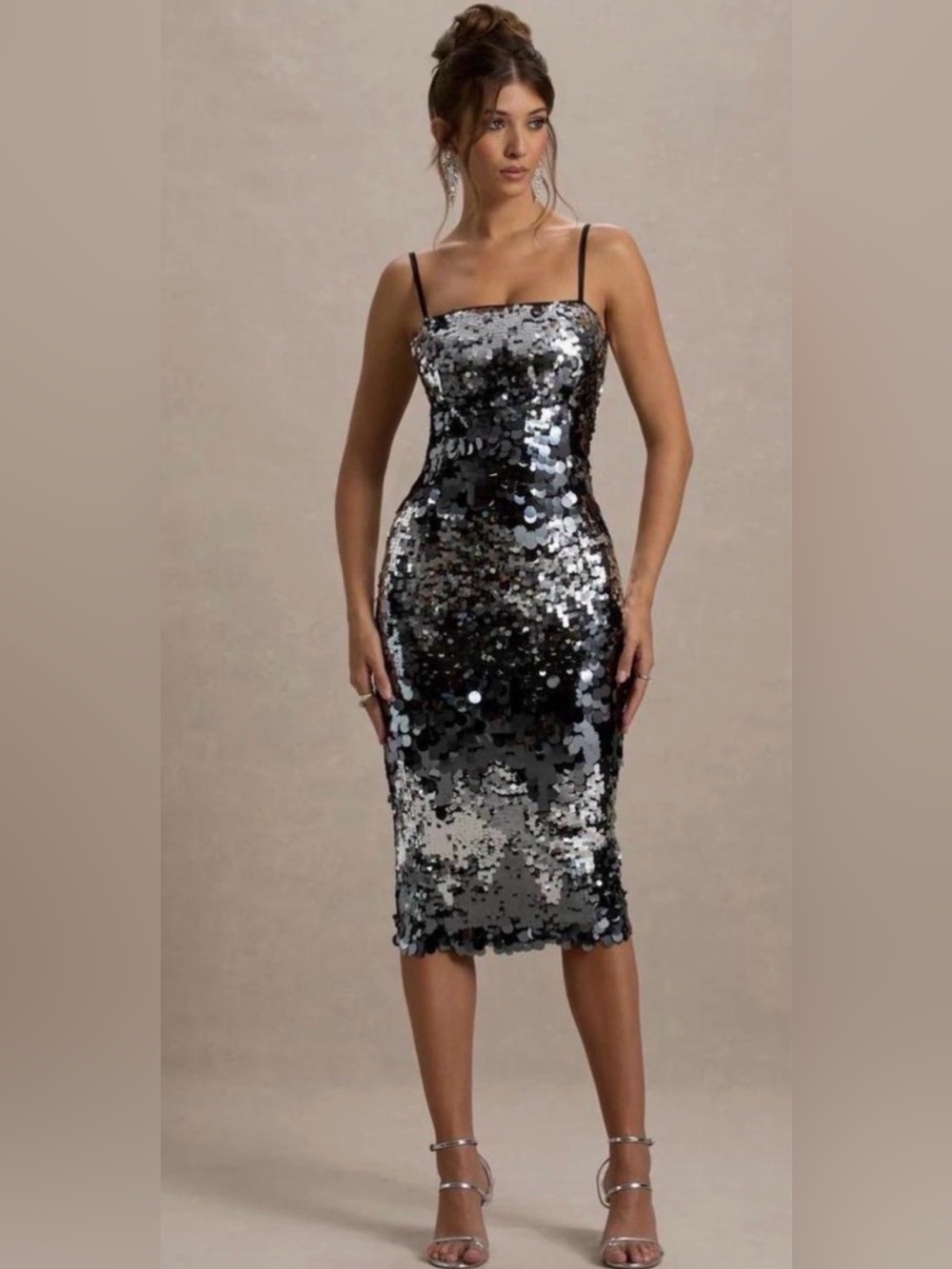 Avec Les Filles Black and Silver Sequin Midi Dress
